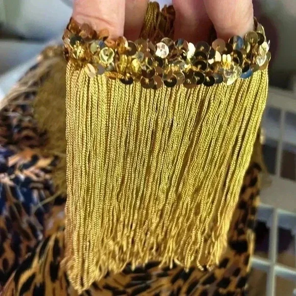 Vintage One Leg Leopard Cheetah Animal Print Leggings Fringe Sequins 80s 90s - Picture 7 of 7